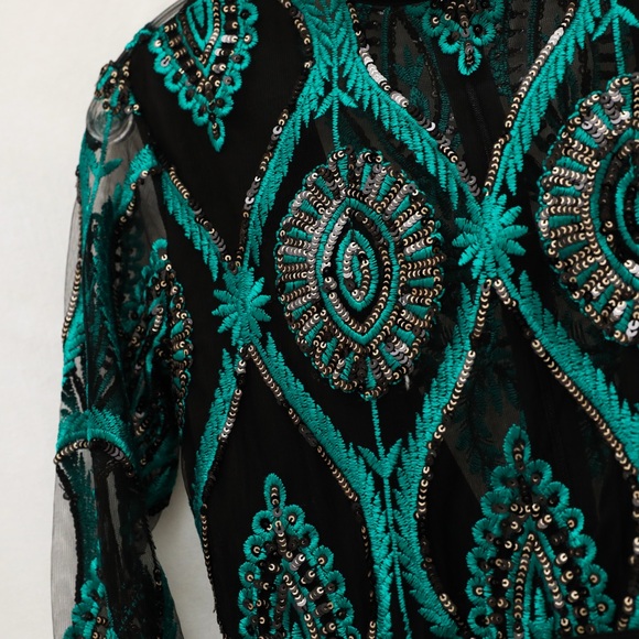 CBR Emerald green sequinned embroidered mesh dress gold detail black cocktail S - Picture 8 of 10